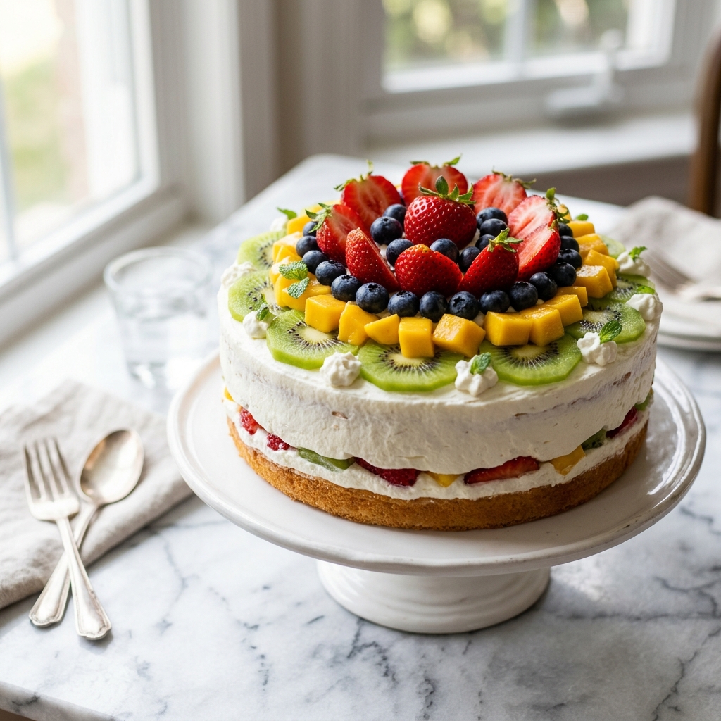 Fresh fruit cake with seasonal berries